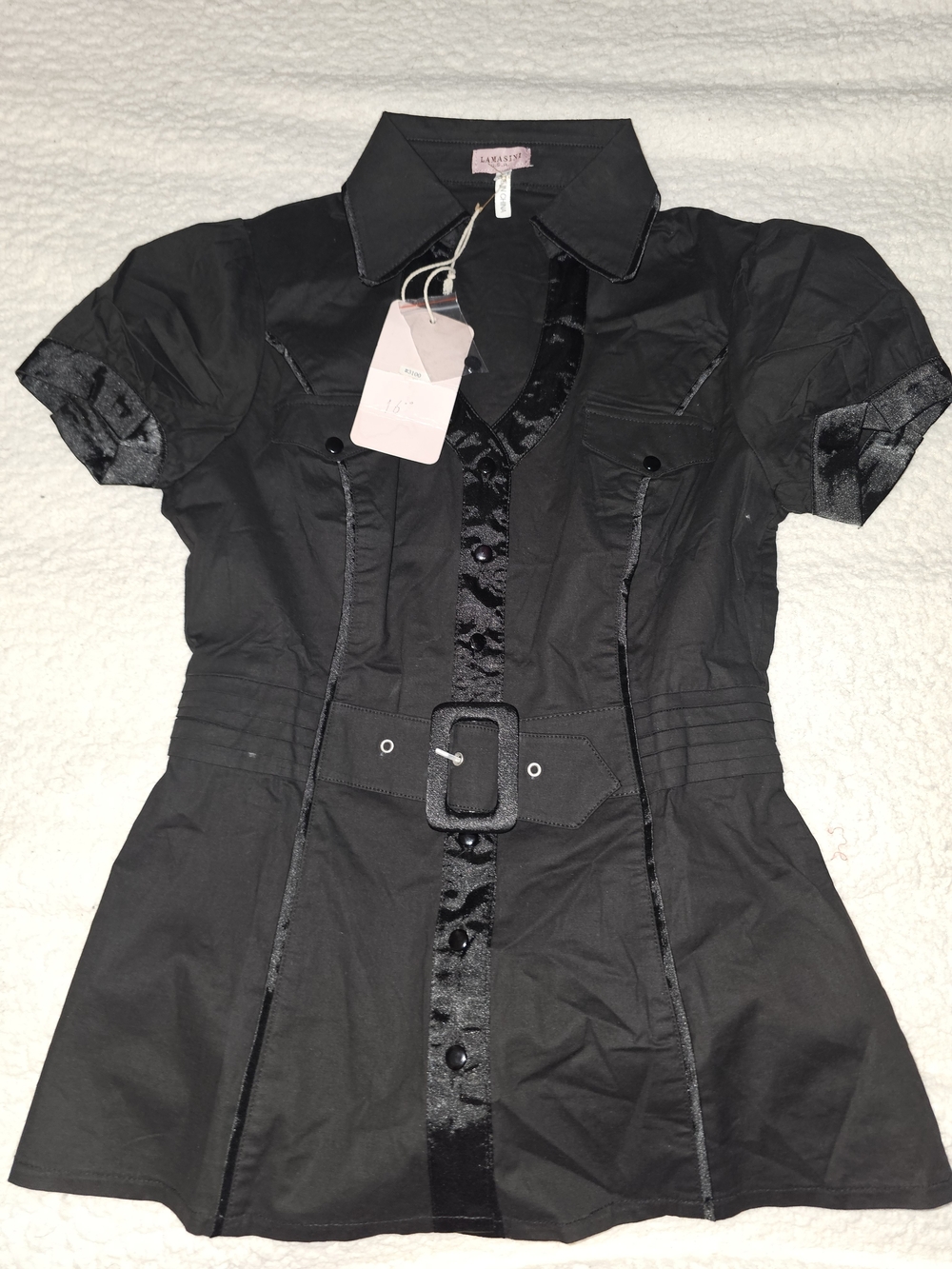 Black Short Sleeve Button-Front Belted Blouse